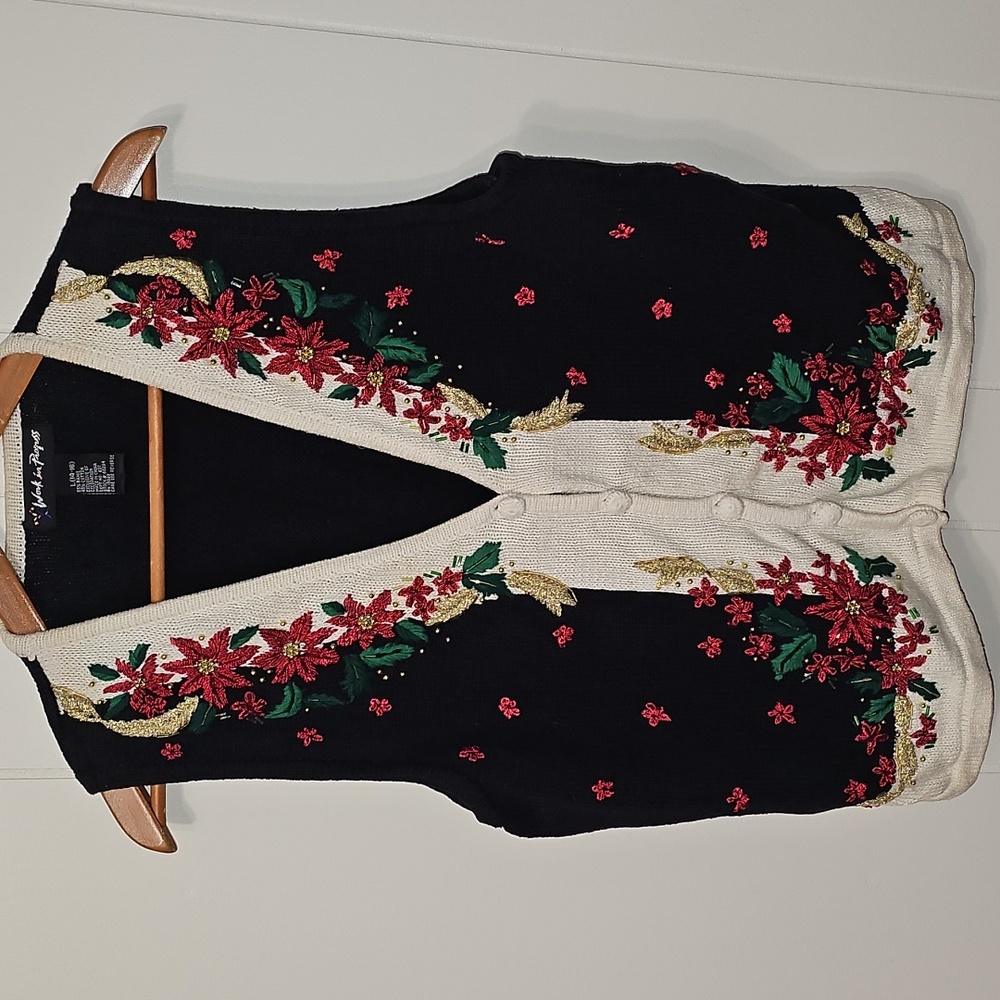 Vintage Floral Embroidered Black Red Christmas Holiday Granny Core Vest Womens L